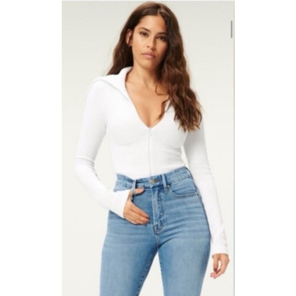 Good American White Ribbed Zip-Front Long Sleeve Top